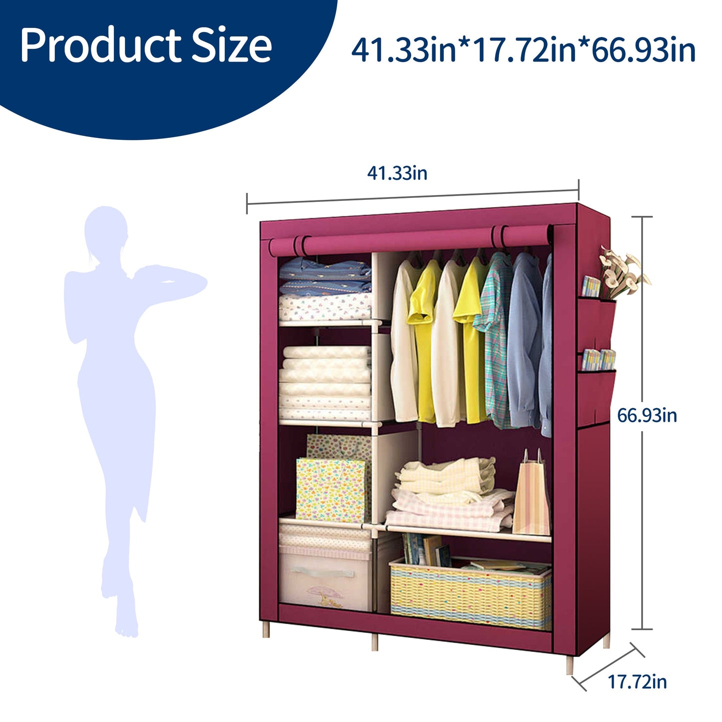 HioHa Portable Closet, Wardrobe Closet Storage with Thickened Steel Pipe, Clothes Storage Organizer with Waterproof Cover for Bedroom, 67x41x18 Inch(Burgundy)