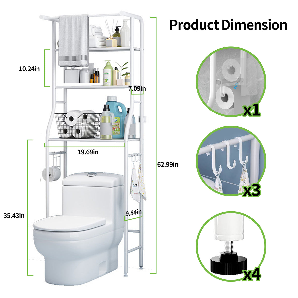 HioHa Over the Toilet Storage, Bathroom Organizers and Storage Shelf with Hanging Rod Paper Holder and 3 Hooks, Freestanding Toilet Rack Space Saver, White
