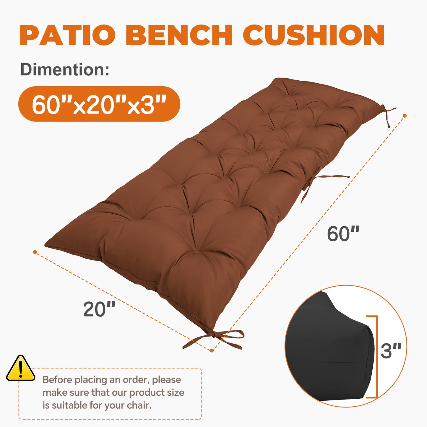 LCGOD Patio Swing Cushions, for Outdoor Bench , Waterproof & Fade-Resistant 60x20x3 in Coffee