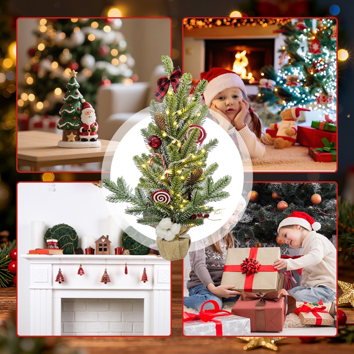 HioHa Small Christmas Trees with Lights, 1.8ft Mini Christmas Tree - Flocked Tabletop Christmas Decor for Home Office, Rustic Artificial Christmas Tree