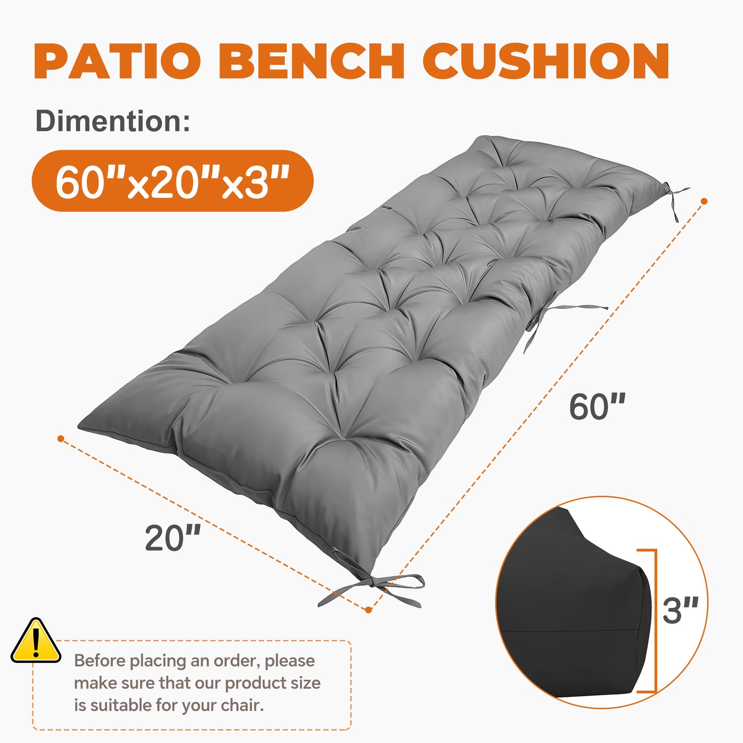LCGOD Patio Swing Cushions, for Outdoor Bench, Waterproof Fade Resistant 60x20X3 in Gray