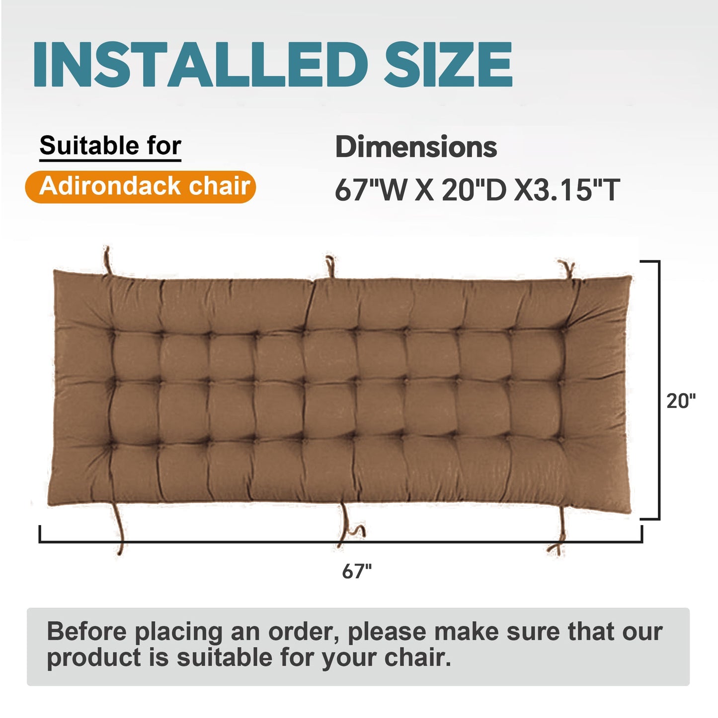 HioHa Chaise Lounge Cushion, 67x20x3 inch Rocking Chair Cushion with Ties and Top Cover, Patio Swing Bench Cushion Sofa Mat for Outdoor Indoor Furniture(Brown)