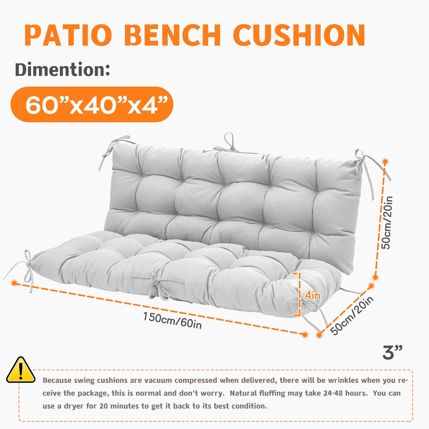LCGOD Patio Bench Cushion, for Outdoor Swing Chair, Waterproof & Fade Resistant, 60x40x4 in, Gray