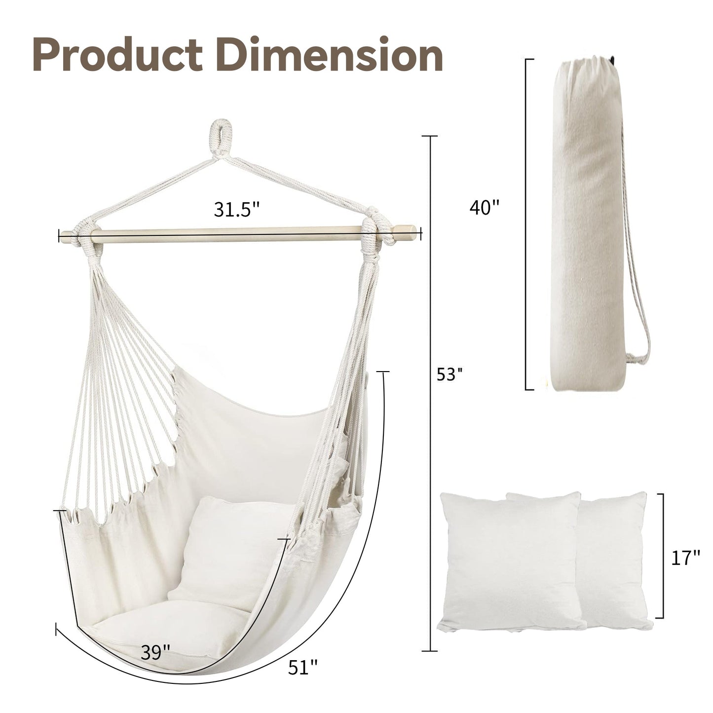 HioHa Hammock Chair, Hanging Rope Swing Max 264 lbs with Anti-Slip Grooves, Hanging Chair Relax Cotton Weave with 2 Cushions, for Indoor/Outdoor Home Yard Garden(White)