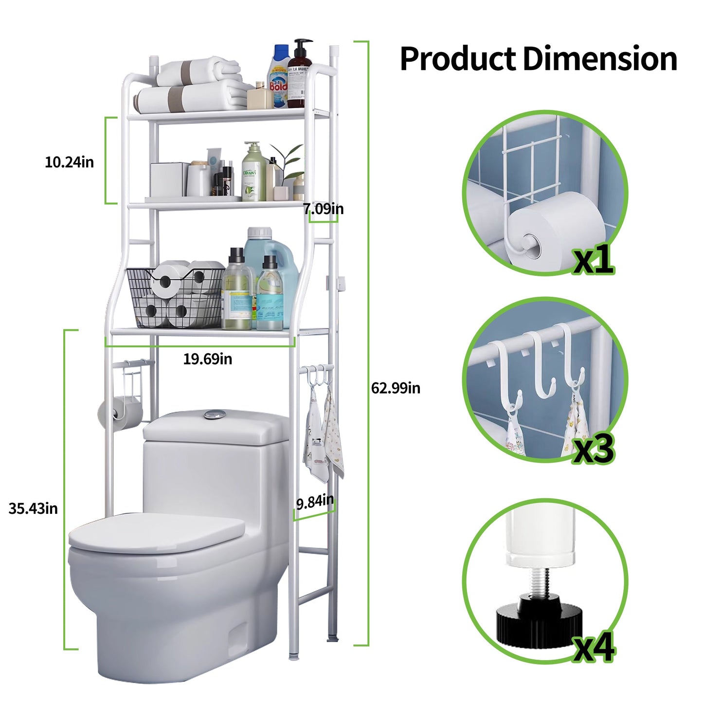 HioHa Over the Toilet Storage, Bathroom Organizers and Storage Shelf with Paper Holder and 3 Hooks, Freestanding Toilet Rack Space Saver for Balcony, Restroom, Laundry(White)
