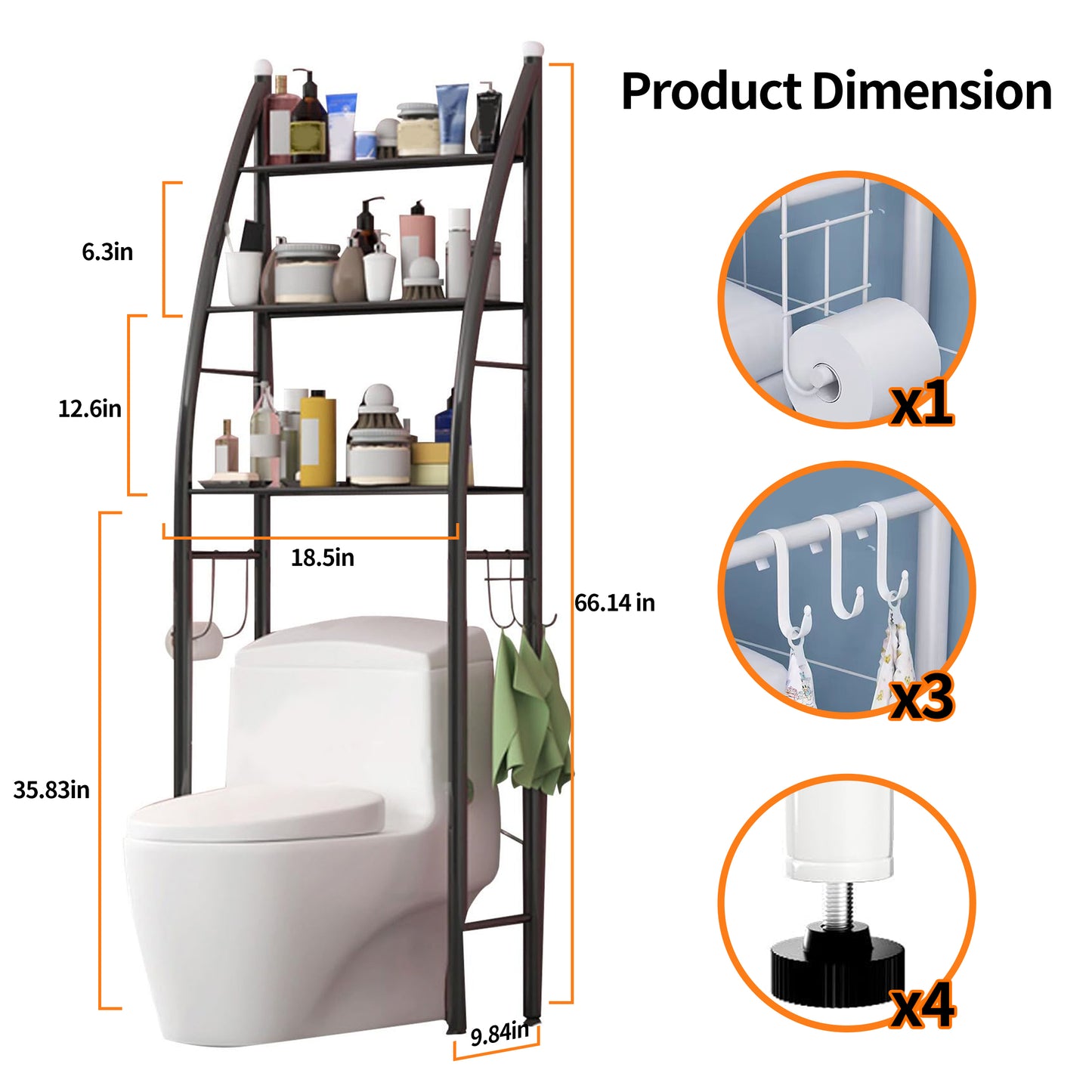 HioHa Over the Toilet Storage, Bathroom Organizer and Storage Shelf with Paper Holder and Hooks, New Over Toilet Storage Rack for Bathroom Laundry Room Balcony, 17.32"W Black
