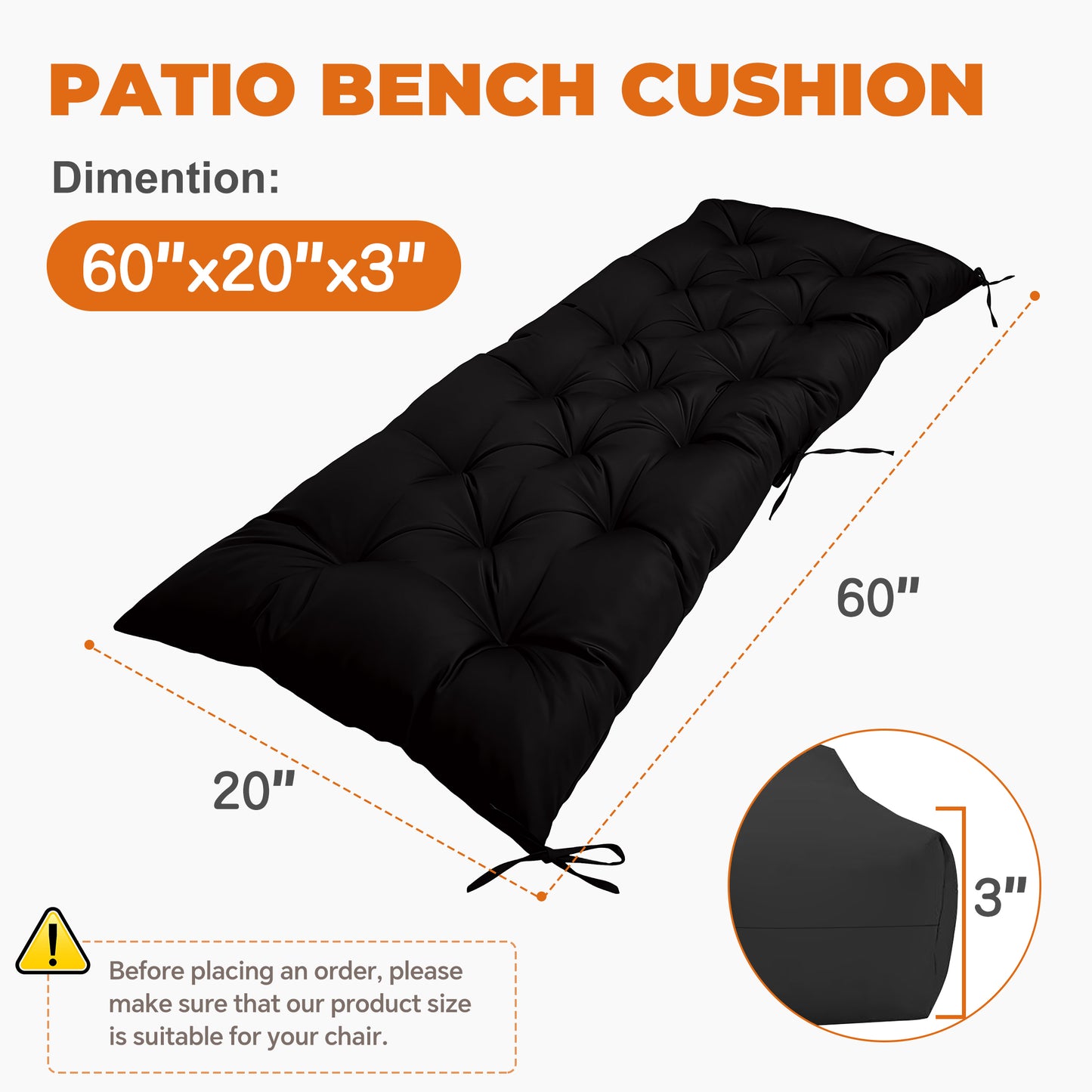 LCGOD Patio Swing Cushions, for Outdoor Bench , Waterproof & Fade-Resistant 60x20x3 in Black
