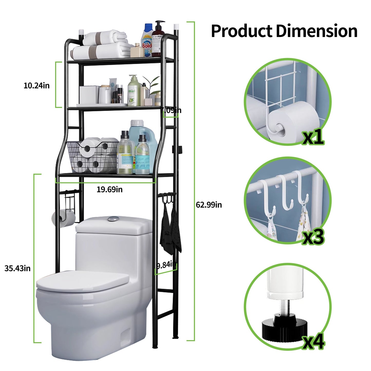 HioHa Over the Toilet Storage Rack, 3 Tier Bathroom Space Saver, Bathroom Corner Stand Storage Organizer Accessories Bathroom Towel Shelf 22"W Black