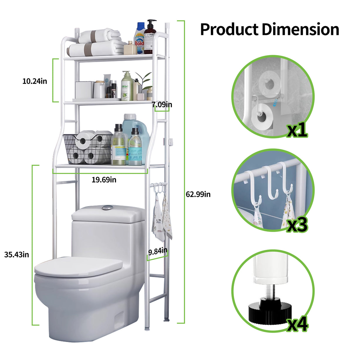 HioHa Over the Toilet Storage, Bathroom Organizers and Storage Shelf with Paper Holder and 3 Hooks, Freestanding Toilet Rack Space Saver for Balcony, Restroom, Laundry(White)