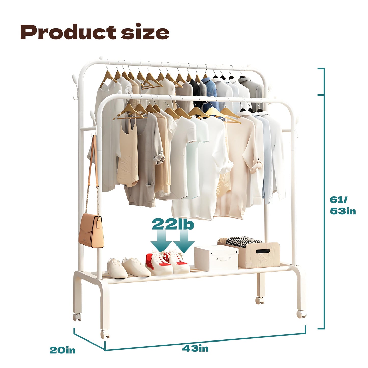 HioHa Rolling Clothes Rack, Double Rail Clothing Drying Rack with 2-Tier Shelf, Heavy Duty Garment Rack with Wheels, White
