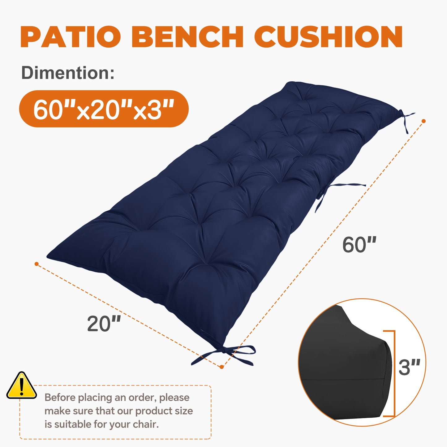 LCGOD Patio Swing Cushions, for Outdoor Bench , Waterproof & Fade Resistant 60x20x3 in Dark Blue