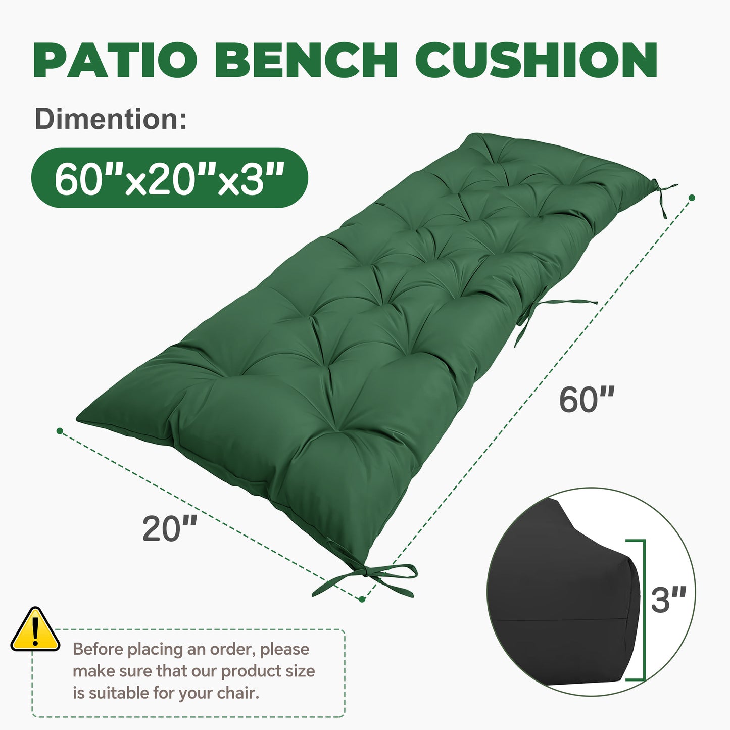 LCGOD Patio Swing Cushions, for Outdoor Bench , Waterproof & Fade-Resistant 60x20x3 in Dark Green