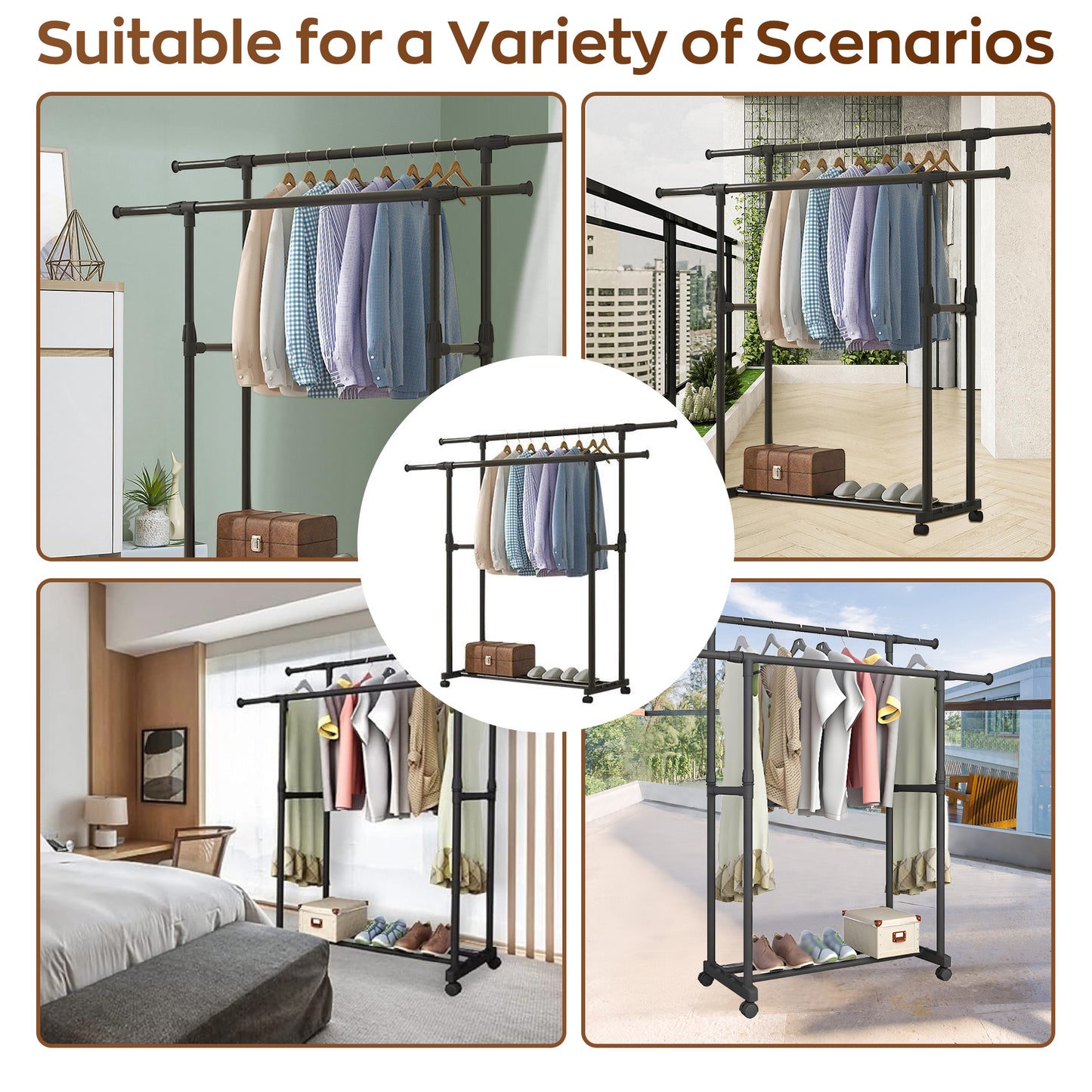 HioHa Clothes Rack, Heavy Duty Clothing Racks or Hanging Racks with Shelf, Adjustable Garment Rack with Wheels 35-61Wx16Dx35-61H Inches for Bedroom Laundry Living Room