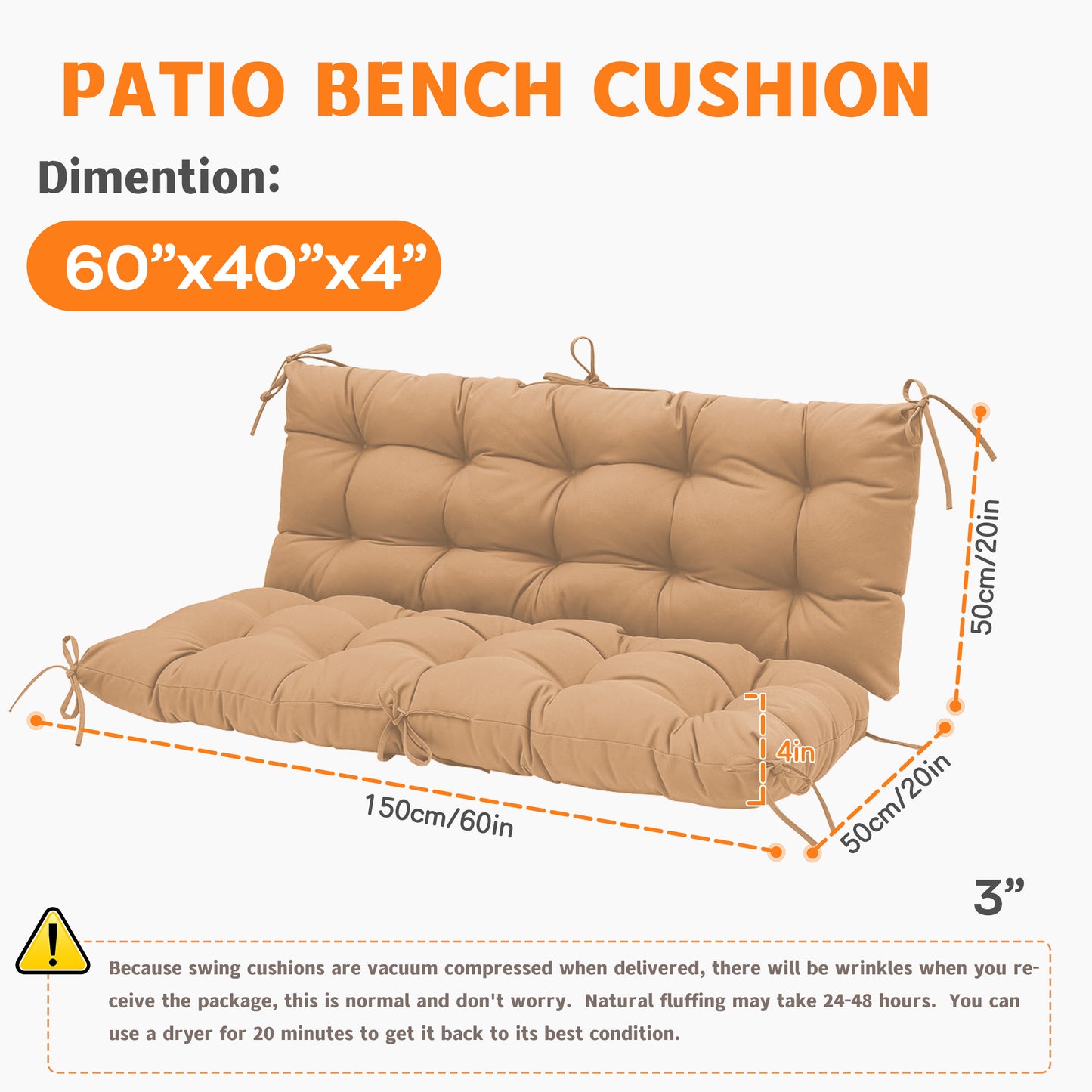 LCGOD Patio Bench Cushion, for Outdoor Swing Chair, Waterproof & Fade Resistant, 60x40x4 in, Coffee