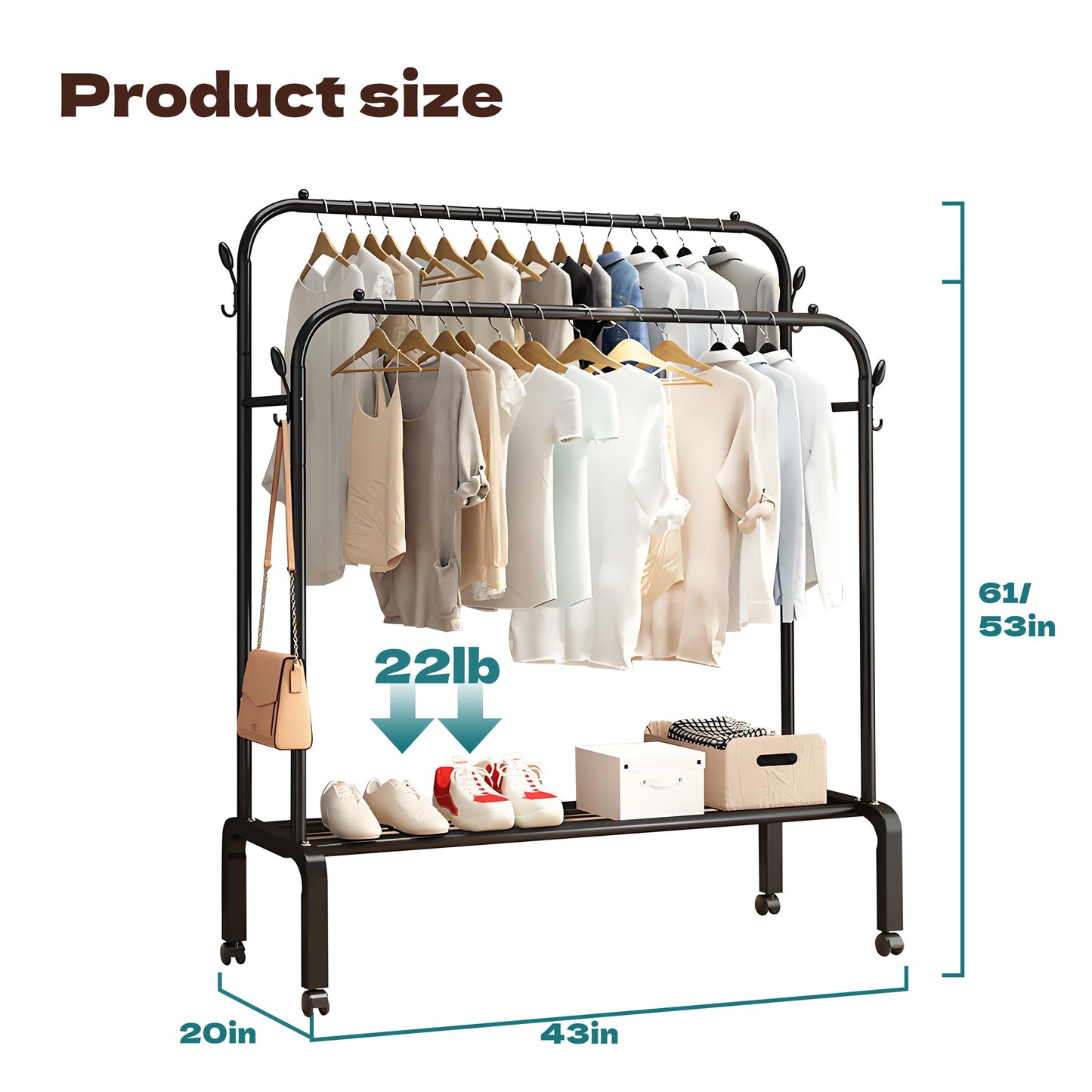 HioHa Rolling Clothes Rack, Double Rail Clothing Drying Rack with 2-Tier Shelf, Heavy Duty Garment Rack with Wheels, Black