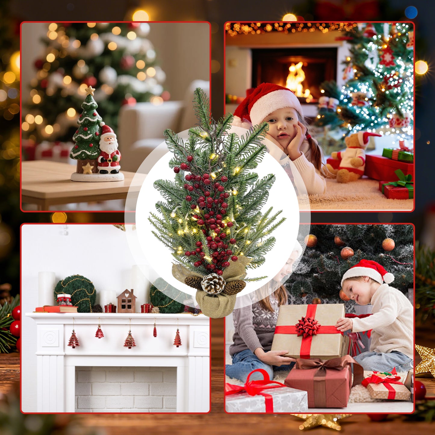 HioHa Small Christmas Trees with Lights, 1.8ft Mini Christmas Tree - Flocked Tabletop Christmas Decor for Home Office, Rustic Artificial Christmas Tree