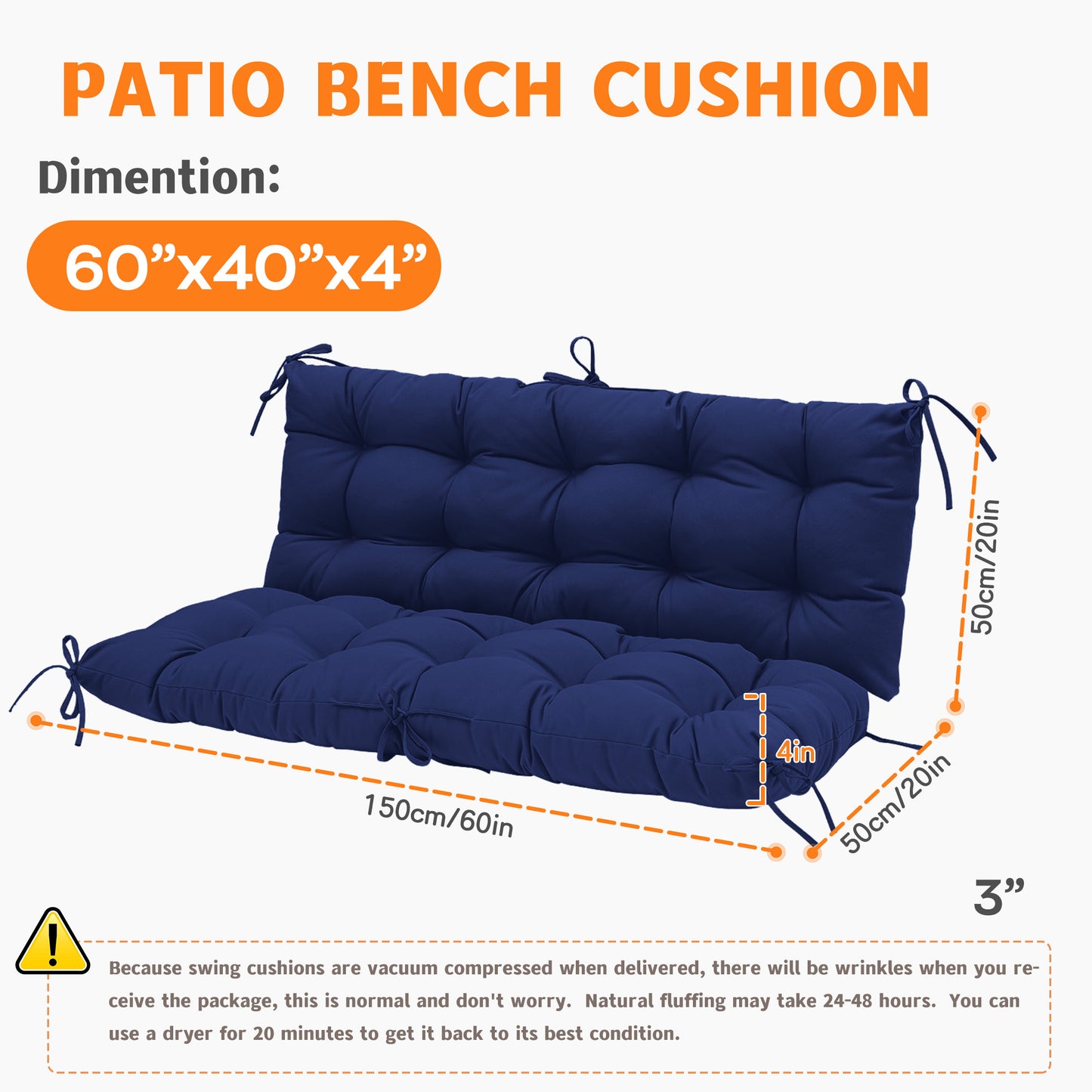 LCGOD Patio Bench Cushion, for Outdoor Swing Chair, Waterproof & Fade Resistant, 60x40x4 in, Deep Blue
