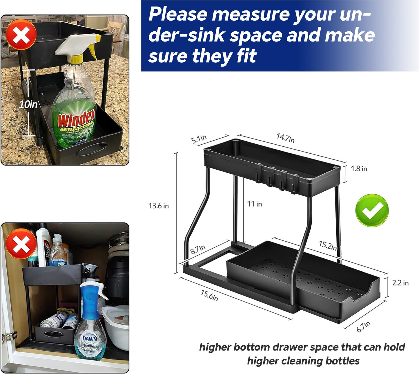 HioHa Under Sink Organizer, L-Shaped Pull Out Cabinet Organizer for Narrow Space, 2 Tier Drawer Organization and Storage Shelves for Kitchen Bathroom, 2PCS