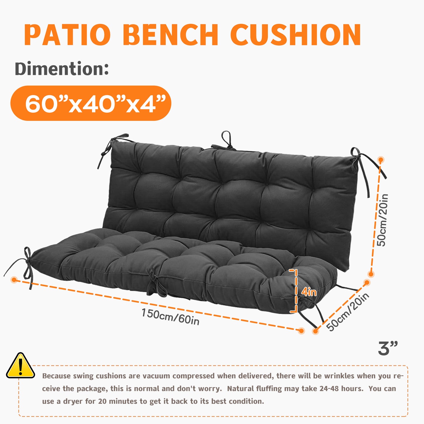 LCGOD Patio Bench Cushion, for Outdoor Swing Chair, Waterproof & Fade Resistant, 60x40x4 in, Black