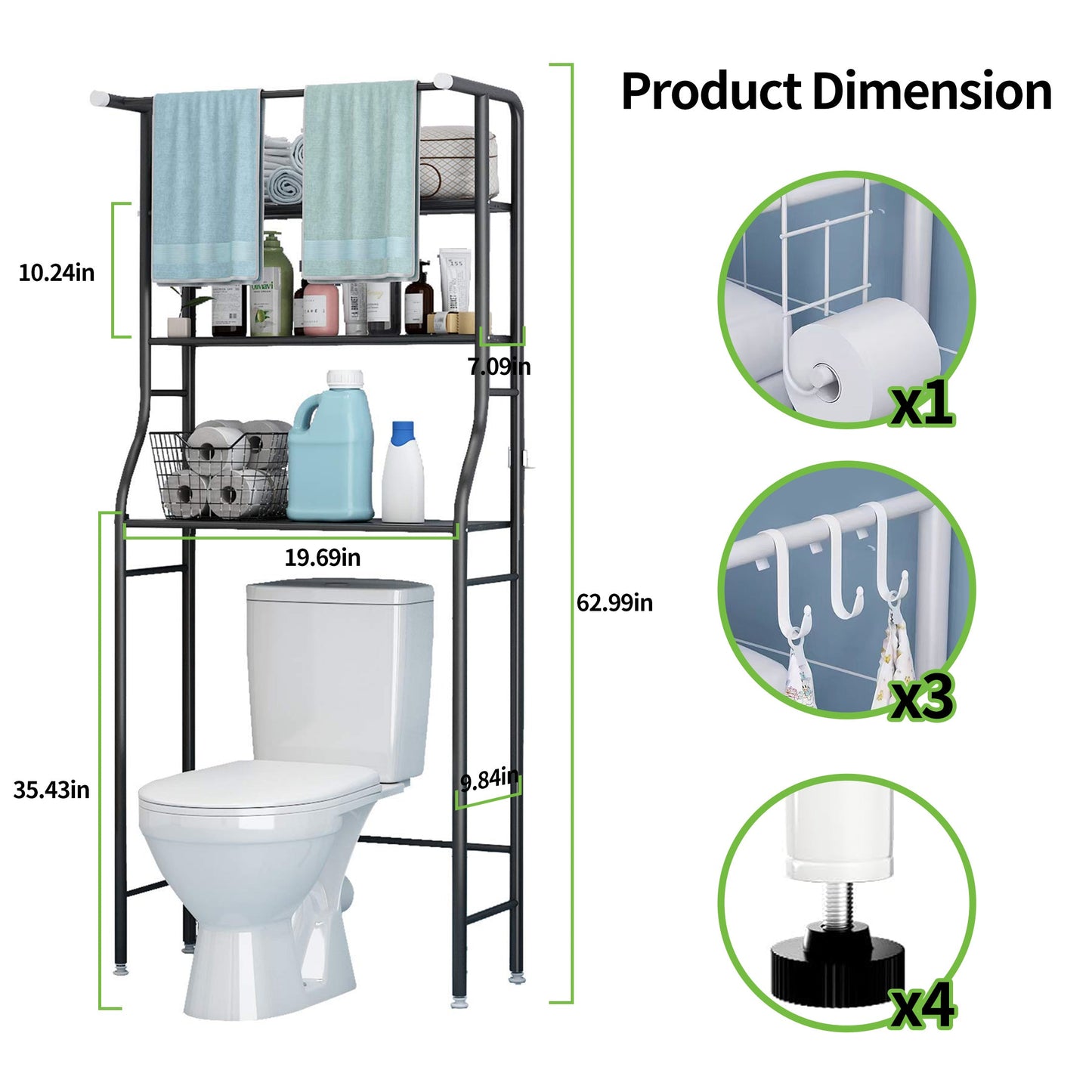 HioHa Over the Toilet Storage, Bathroom Organizers and Storage Shelf with Hanging Rod Paper Holder and 3 Hooks, Freestanding Toilet Rack Space Saver, Black