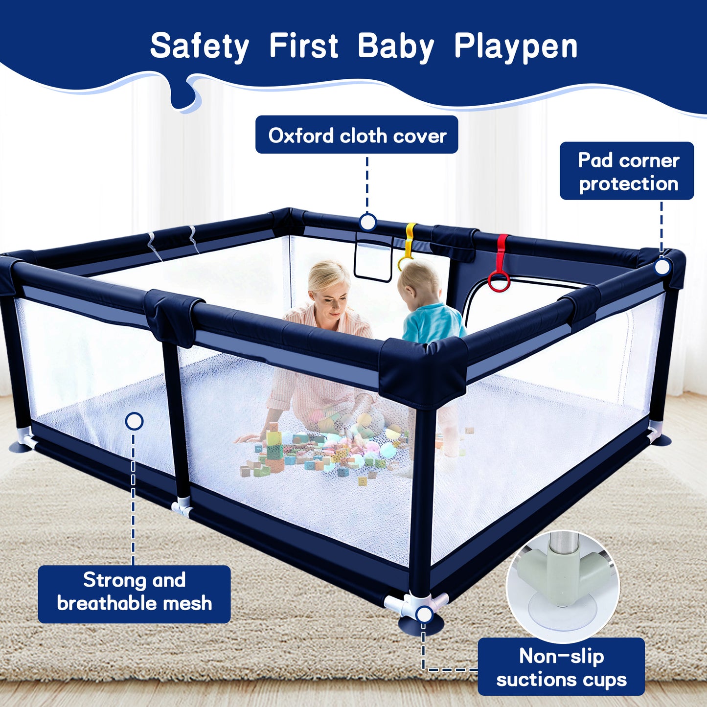 HioHa 71" Baby Playpen - Mat Included, Sturdy Steel Frame & Breathable Mesh Walls, Portable Indoor/Outdoor Play Yard