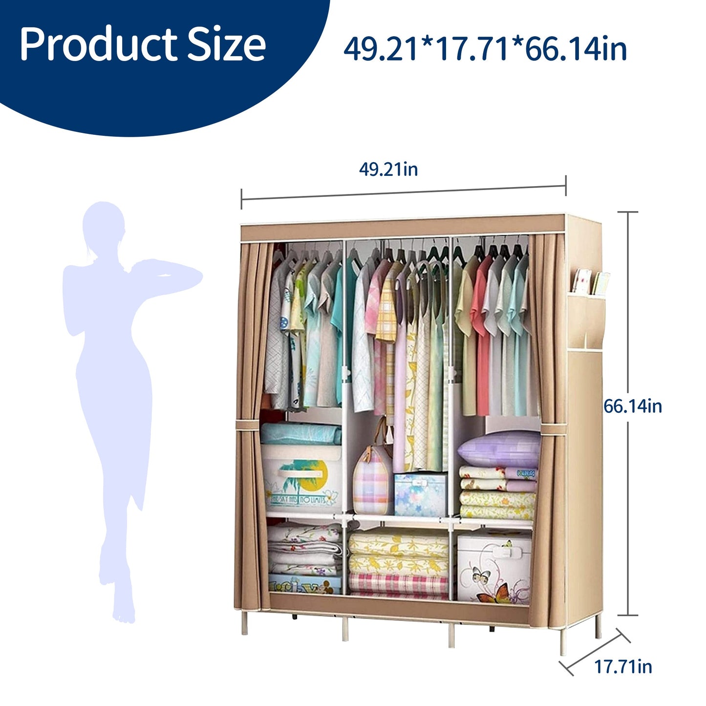 HioHa Wardrobe Closet, Portable Closet with Thickened Steel Pipe Steel Pipe, Clothes Storage Organizer with 3 Hanging Rods and 6 Storage Shelves and Side Pockets(Coffee)