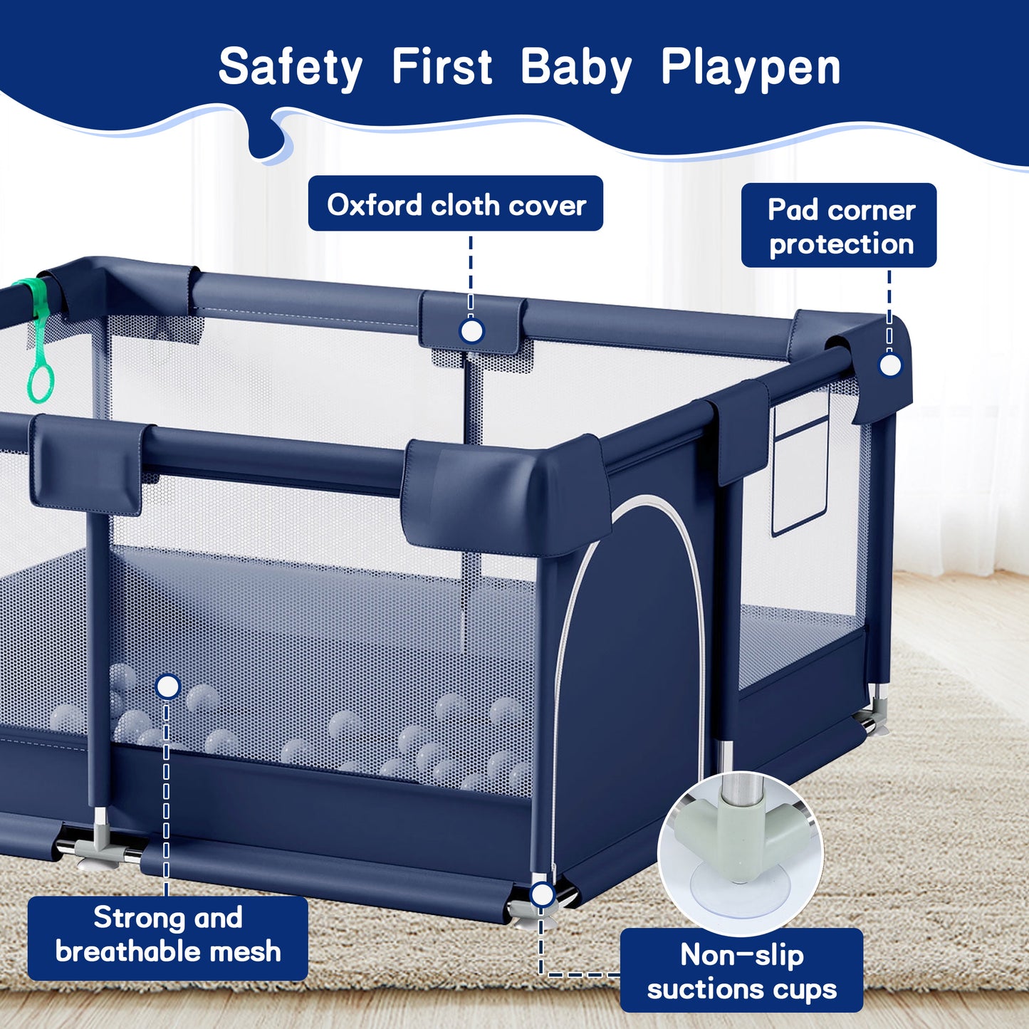 HioHa 52" x 52" Baby Playpen, Portable Play Yard with Sturdy Steel Frame & Breathable Mesh, Indoor Outdoor Baby Play Area