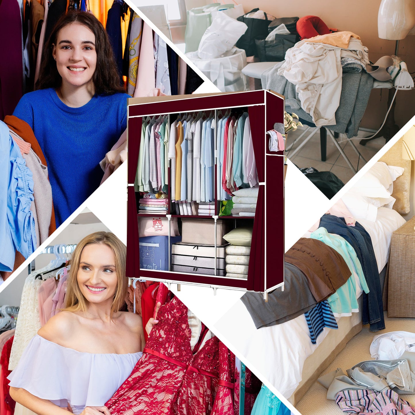 HioHa Wardrobe Closet, Portable Closet with Thickened Steel Pipe Steel Pipe, Clothes Storage Organizer with 3 Hanging Rods and 6 Storage Shelves and Side Pockets