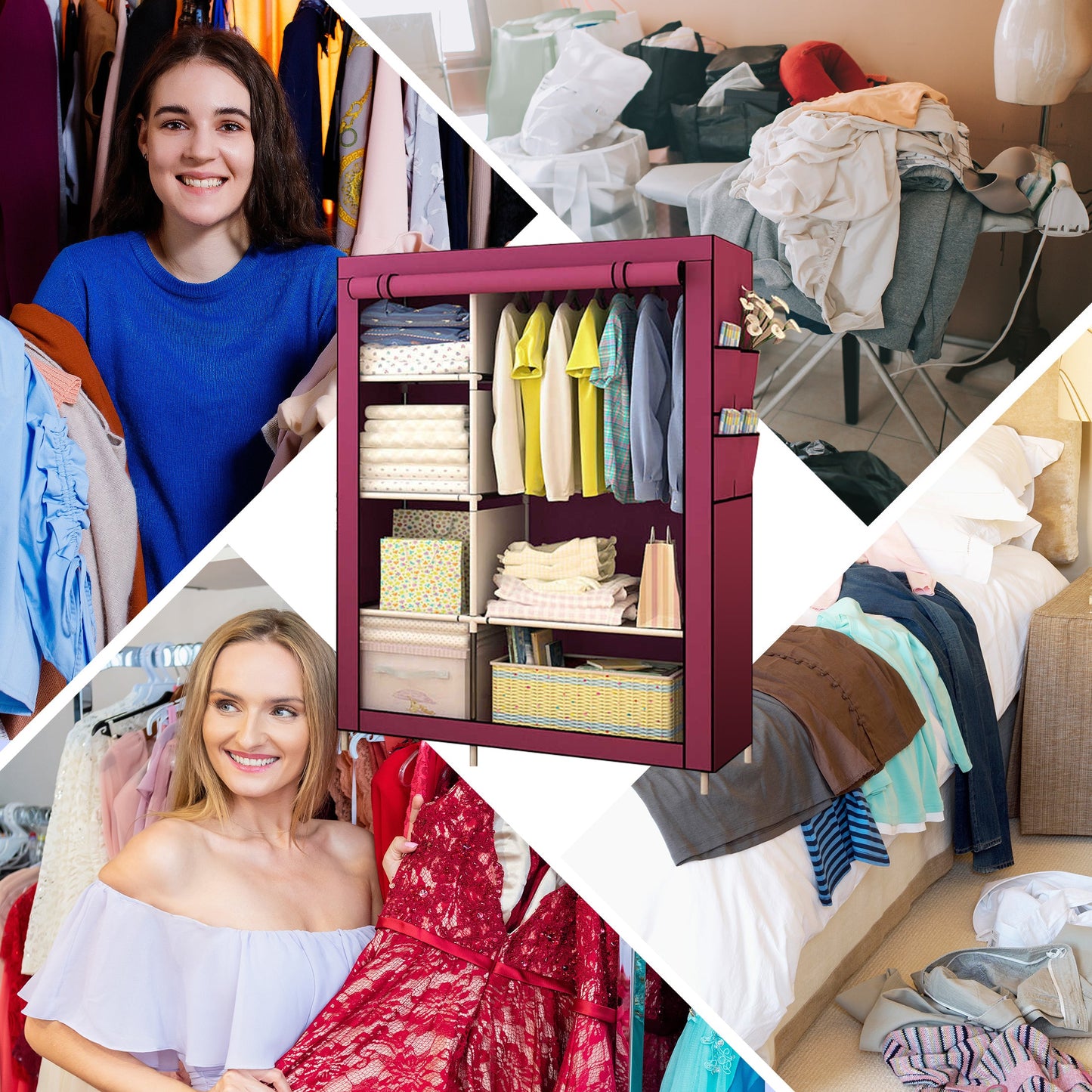 HioHa Portable Closet, Wardrobe Closet Storage with Thickened Steel Pipe, Clothes Storage Organizer with Waterproof Cover for Bedroom, 67x41x18 Inch(Burgundy)