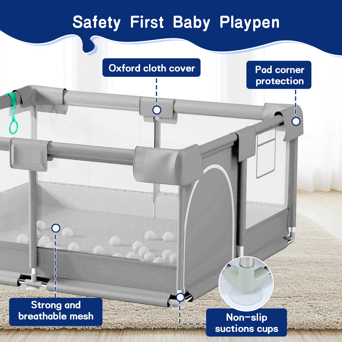 HioHa 52" x 52" Baby Playpen, Portable Play Yard with Sturdy Steel Frame & Breathable Mesh, Indoor Outdoor Baby Play Area
