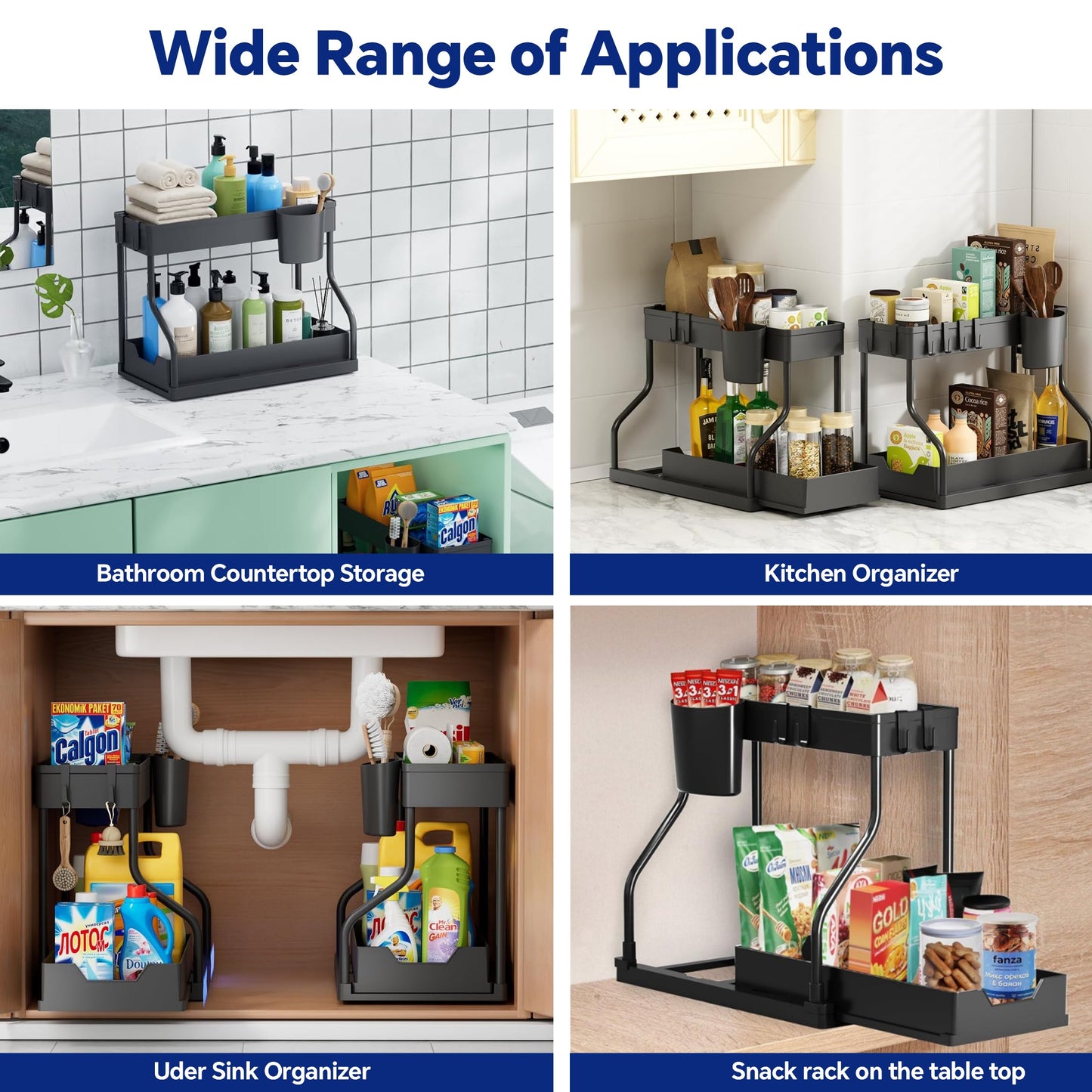 HioHa Under Sink Organizer, L-Shaped Pull Out Cabinet Organizer for Narrow Space, 2 Tier Drawer Organization and Storage Shelves for Kitchen Bathroom, 2PCS