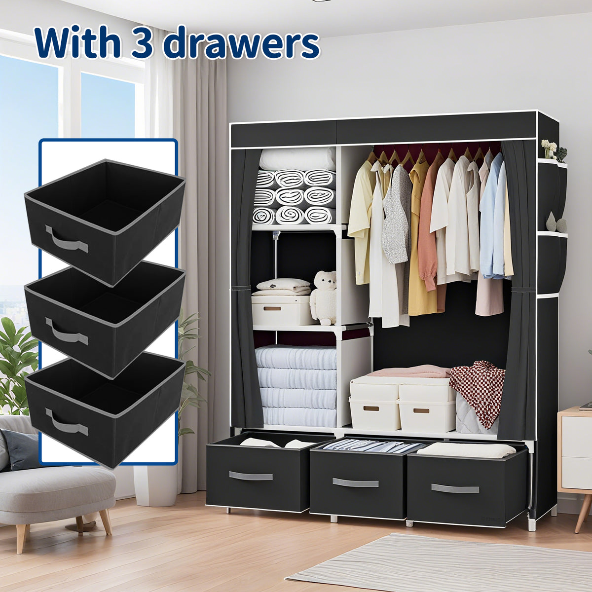 HioHa Portable Closet Organizer,3 Storage Drawers & Hanging Rod, Sturdy Space Saving Wardrobe for Bedroom Dorm Rental, Black