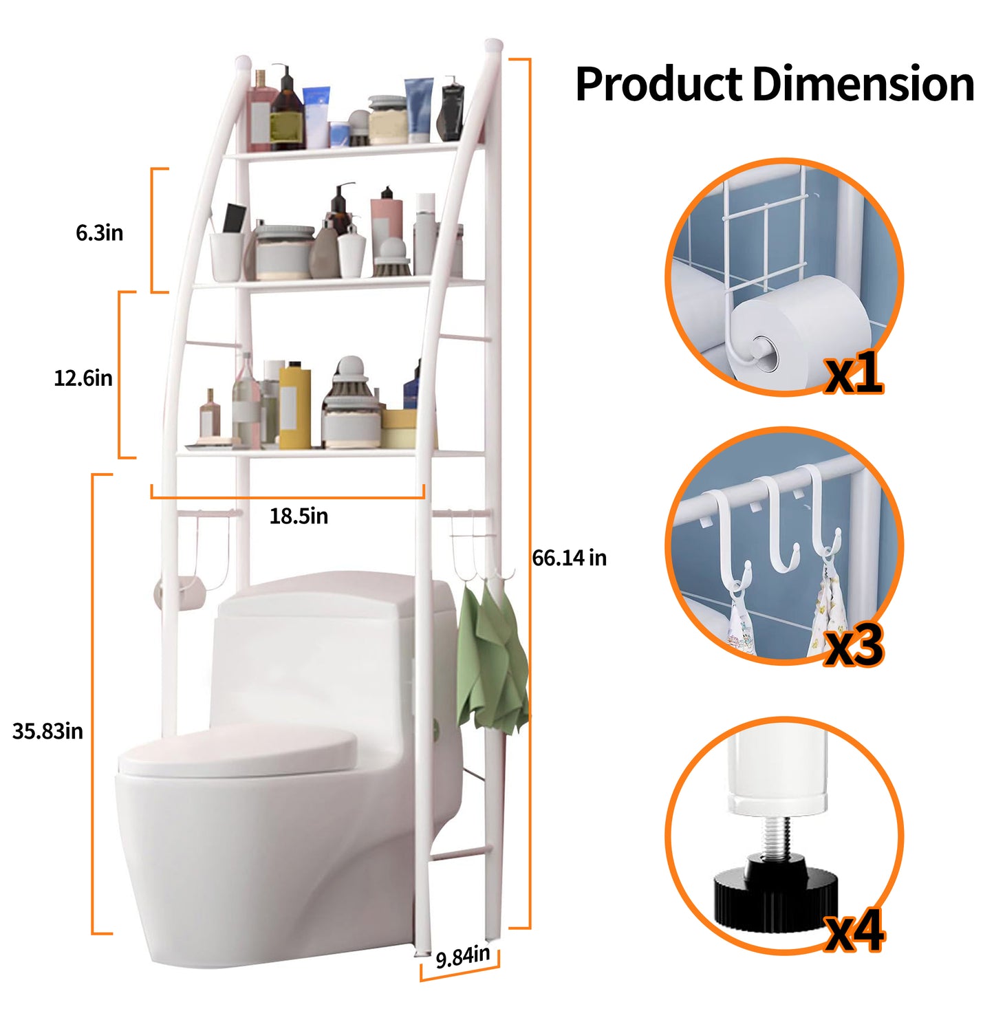 HioHa Over the Toilet Storage, Bathroom Organizer and Storage Shelf with Paper Holder and Hooks, New Over Toilet Storage Rack for Bathroom Laundry Room Balcony, 17.32"W White