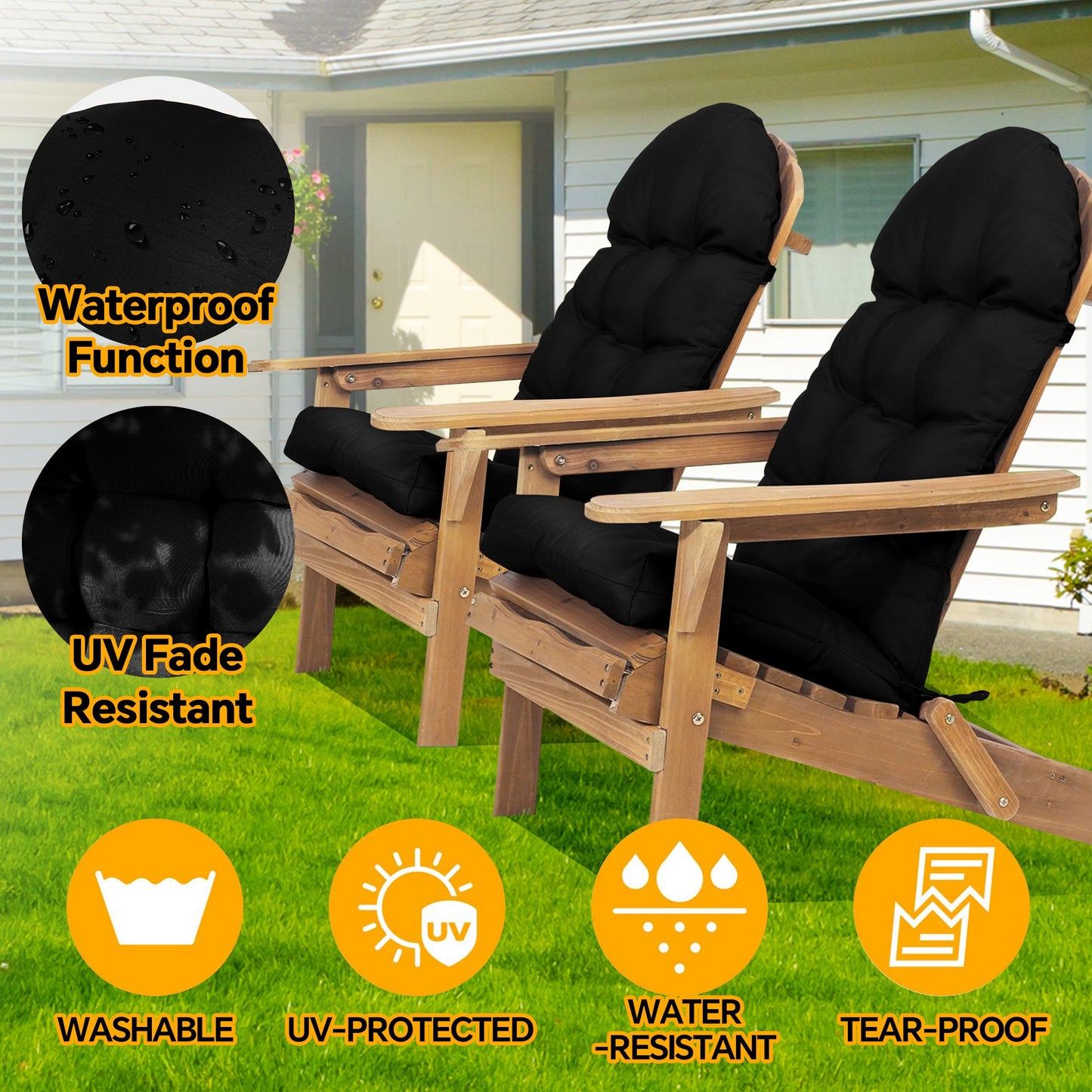 HioHa Adirondack Chair Cushion, Patio Chair Cushion with Ties 49x20x4.8 Inch, Indoor/Outdoor Rocking Chair Cushion with Sunproof Waterproof and Fade-Resistant(Black, 2pcs)
