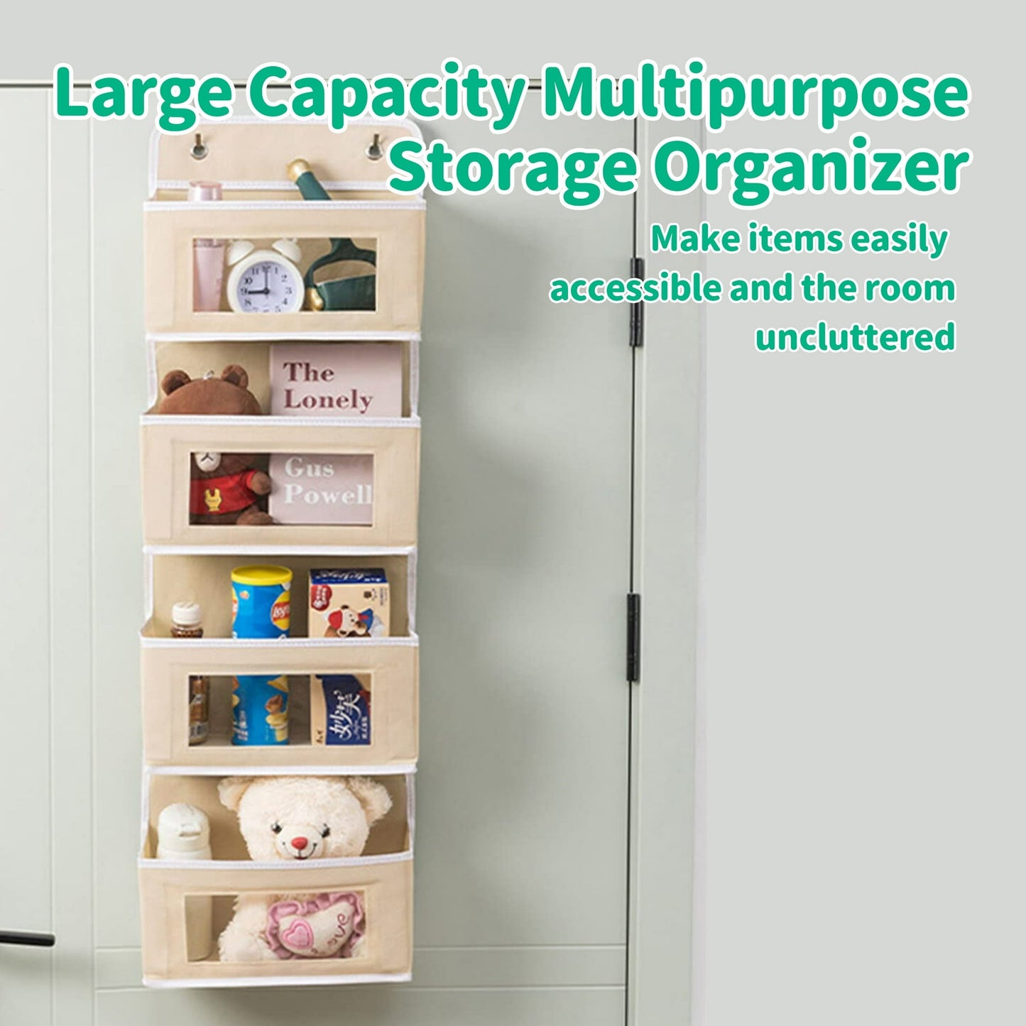 HioHa Over the Door Organizer, 4-Tier Hanging Closet Bathroom Storage with 6 Mesh Side Pockets, Wall Mount Toy Stuffed Animal Storage for Baby Essentials, Nursery, Bedroom, Bathroom, Dorm