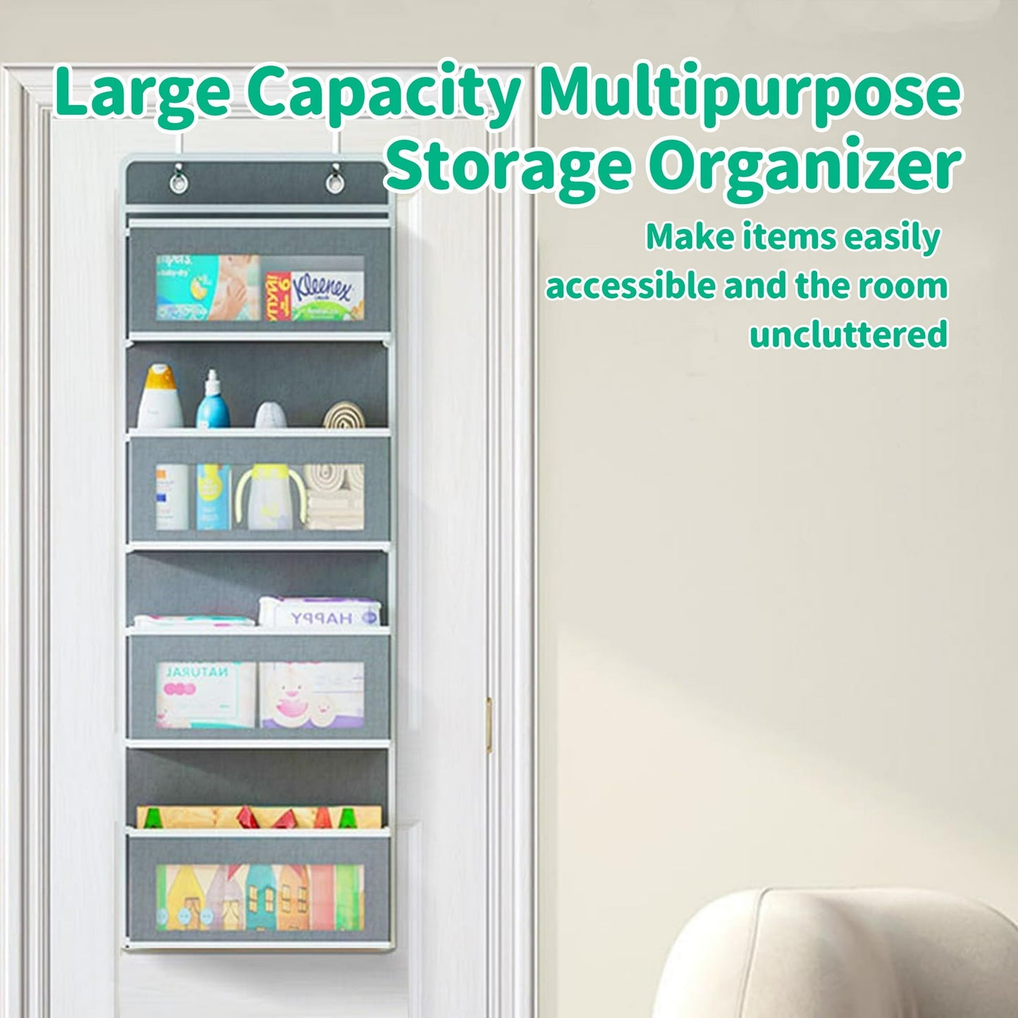 HioHa Over the Door Organizer, 4-Tier Hanging Closet Bathroom Storage with 6 Mesh Side Pockets, Wall Mount Toy Stuffed Animal Storage for Baby Essentials, Nursery£¬Bedroom, Bathroom, Dorm