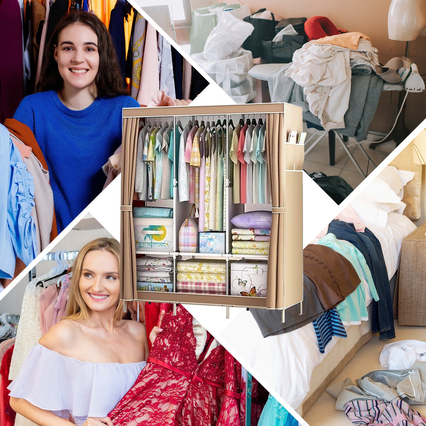 HioHa Wardrobe Closet, Portable Closet with Thickened Steel Pipe Steel Pipe, Clothes Storage Organizer with 3 Hanging Rods and 6 Storage Shelves and Side Pockets(Coffee)