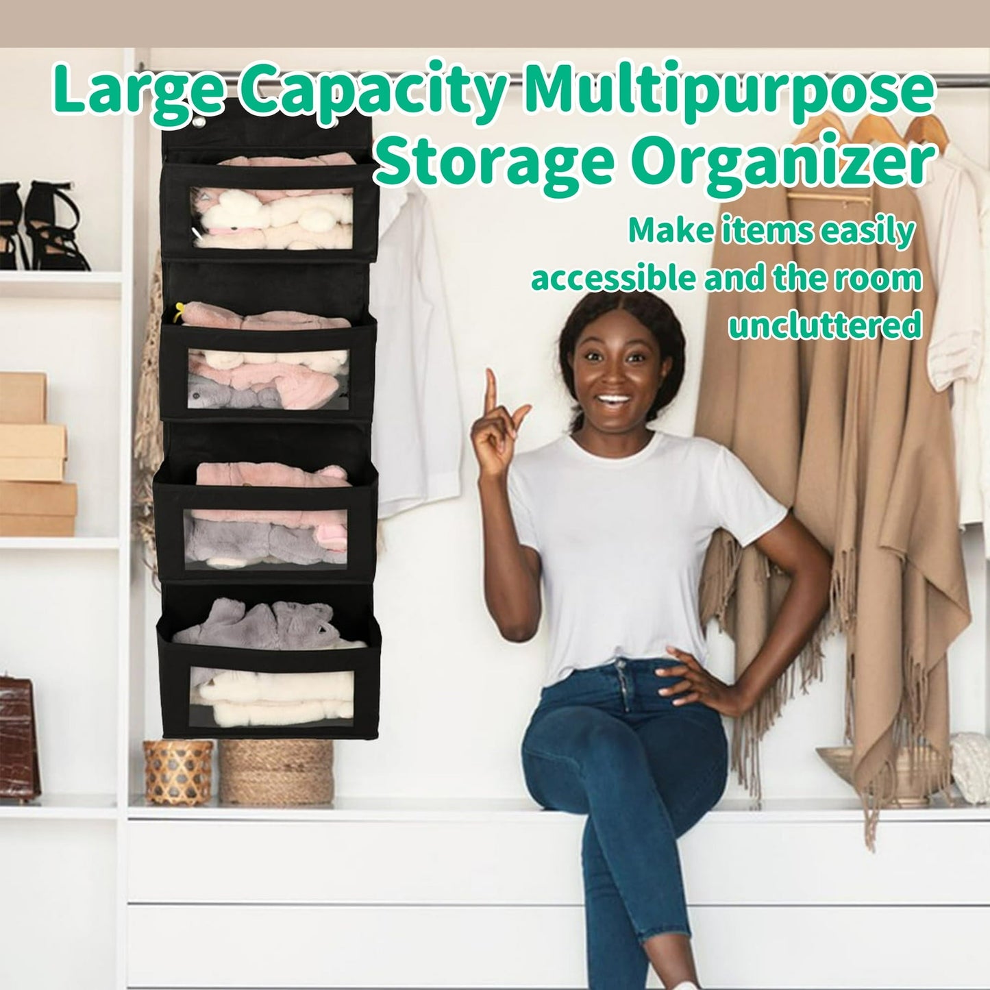 HioHa Over the Door Organizer, 4-Tier Hanging Closet Bathroom Storage with 6 Mesh Side Pockets, Wall Mount Toy Stuffed Animal Storage for Baby Essentials, Nursery, Bedroom, Bathroom, Dorm