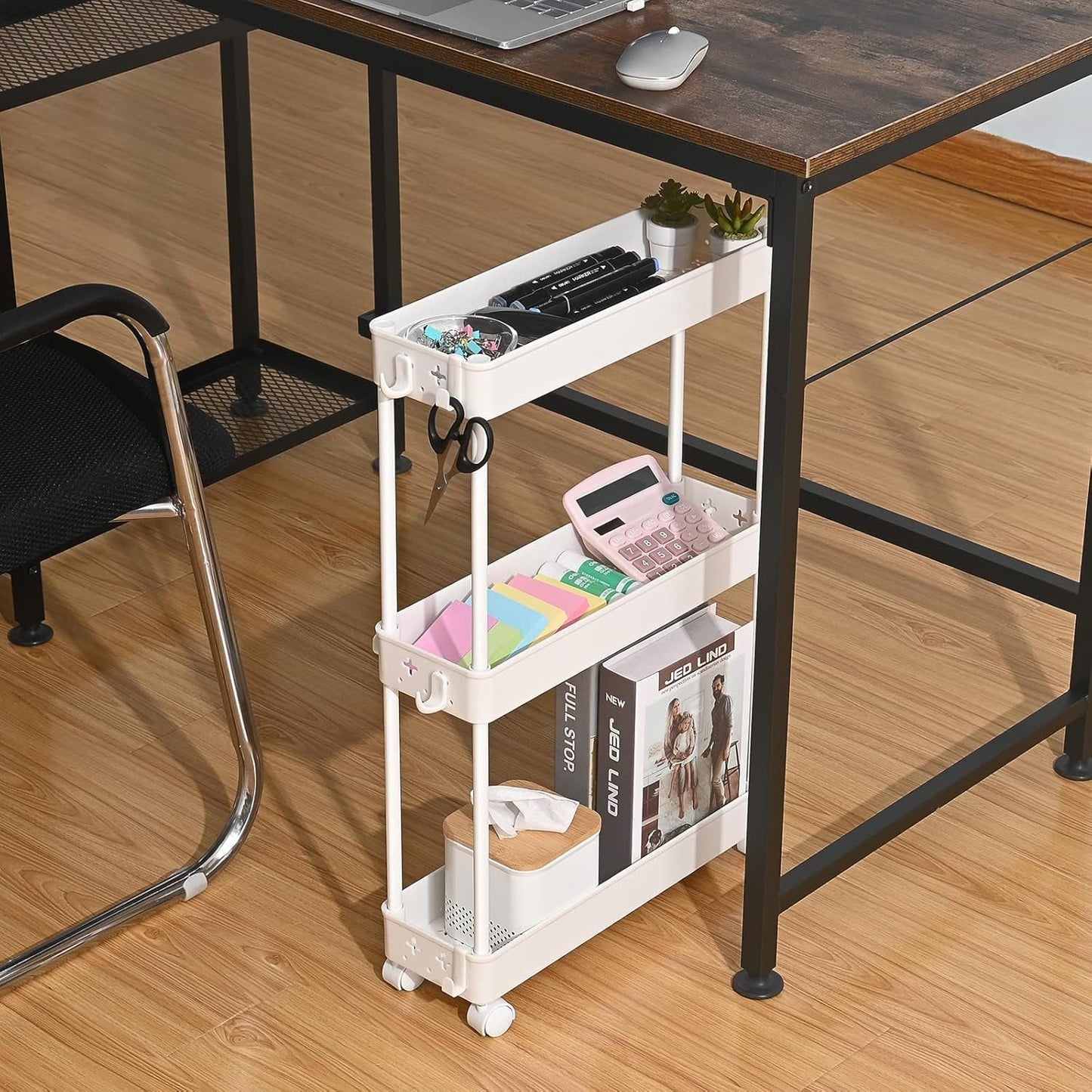 HioHa Slim Storage Cart, 3-Tier Bathroom Organizers and Storage Movably with Wheels & Hooks, Rolling Utility Cart for Kitchen Bathroom Living Room Office