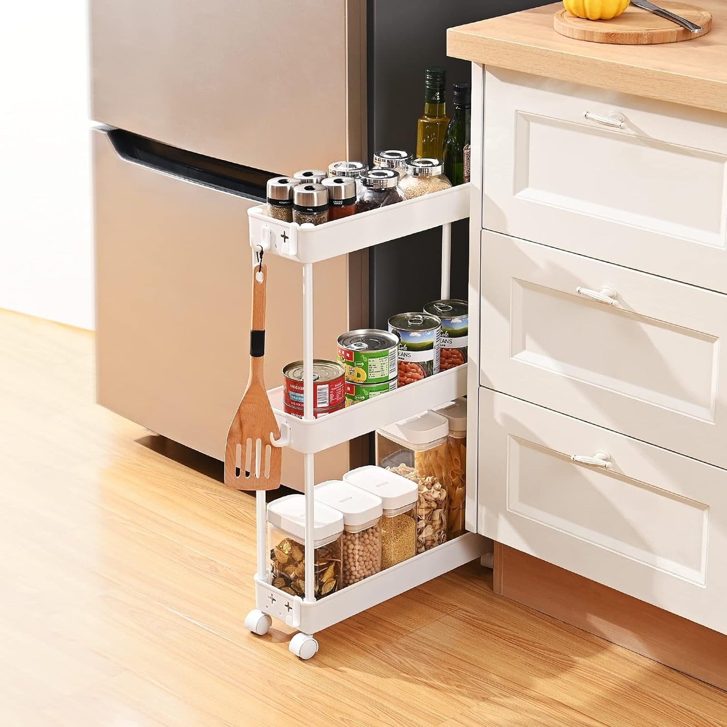 HioHa Slim Storage Cart, 3-Tier Bathroom Organizers and Storage Movably with Wheels & Hooks, Rolling Utility Cart for Kitchen Bathroom Living Room Office