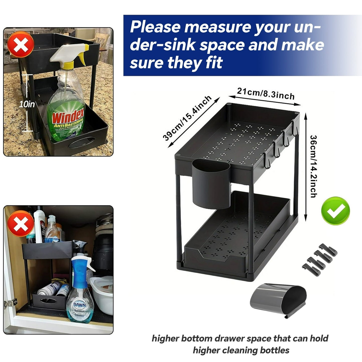 HioHa Under Sink Organizer, 2 Tier Under Sink Storage for Narrow Space, Pull Out Cabinet Organizer with 8 Hooks for Kitchen Bathroom, 2PCS