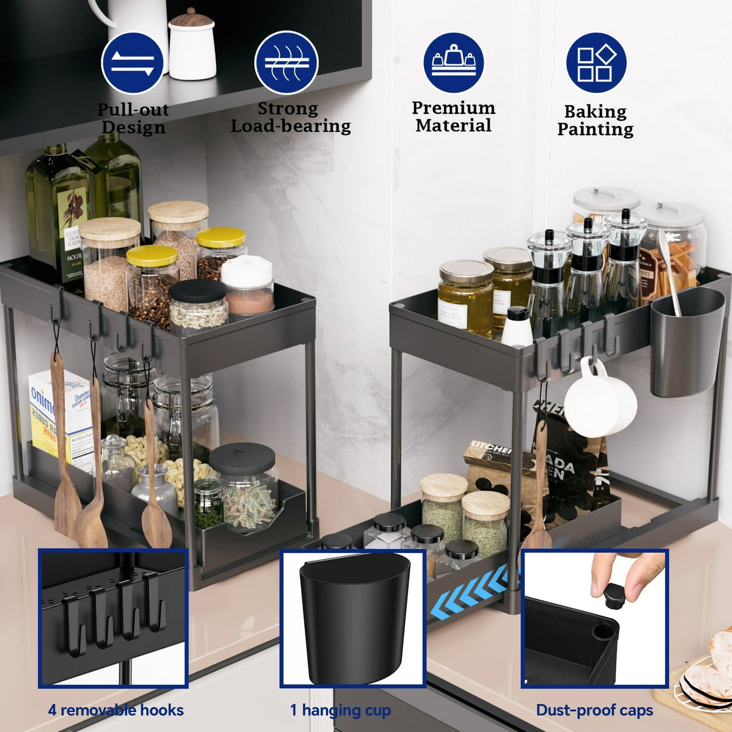 HioHa Under Sink Organizer, 2 Tier Under Sink Storage for Narrow Space, Pull Out Cabinet Organizer with 8 Hooks for Kitchen Bathroom, 2PCS