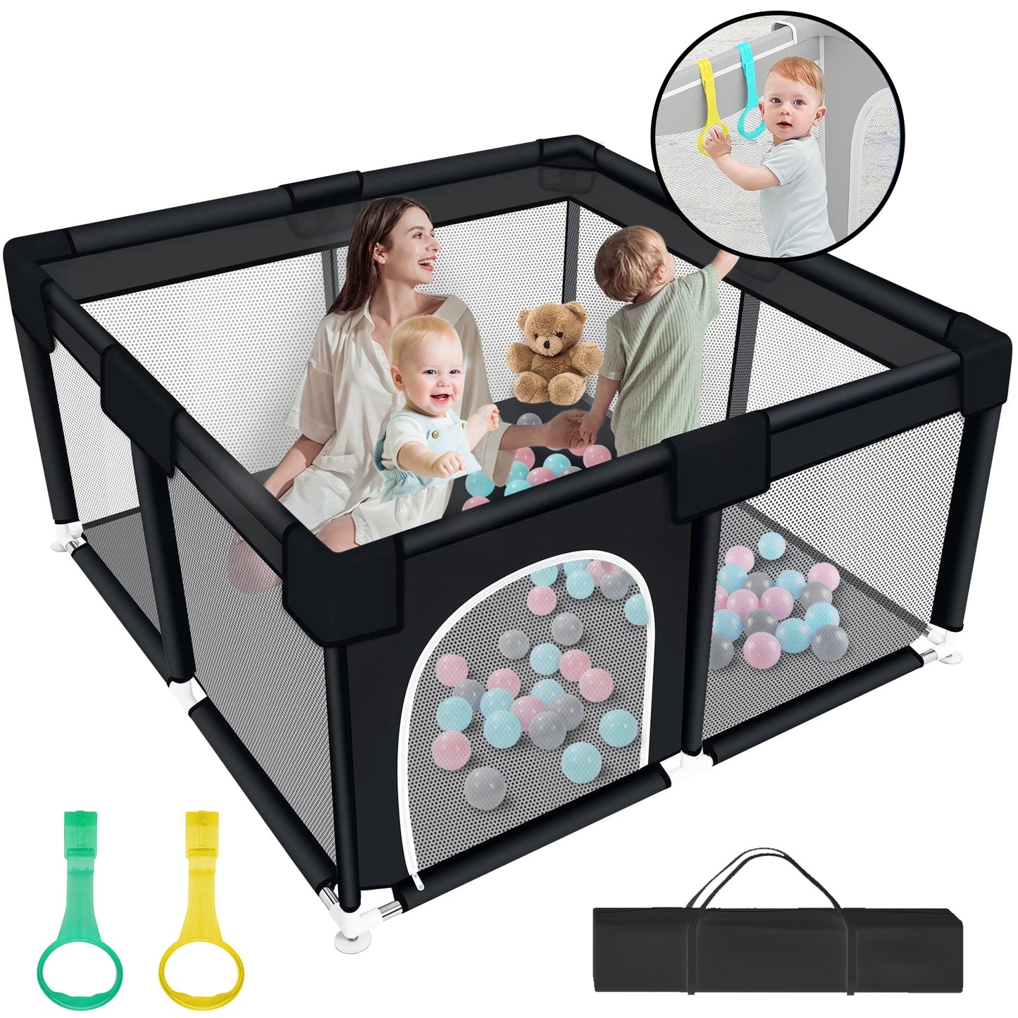 HioHa 52" x 52" Baby Playpen, Portable Play Yard with Sturdy Steel Frame & Breathable Mesh, Indoor Outdoor Baby Play Area