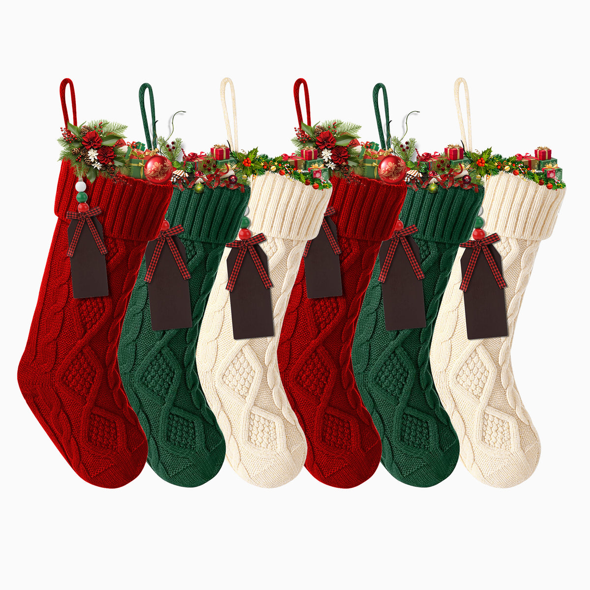 HioHa Christmas Stockings, Knit Cable Mantel Decor with Hanging Loop, Large Holiday Gift Bags for Fireplace, Set of 6, Red, White, and Green
