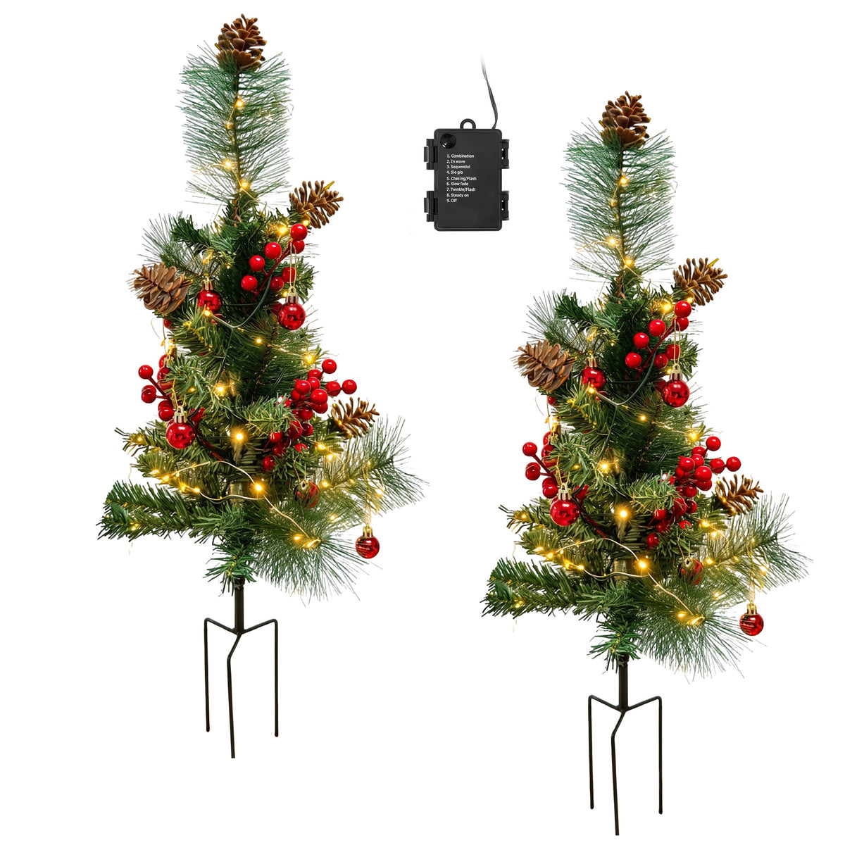 HioHa Solar Christmas Tree, 2 Pack Outdoor Mini Christmas Tree with Red Berries & Pine Cones, Waterproof Light Up Xmas Tree Stakes for Yard Garden Lawn Pathway Decor