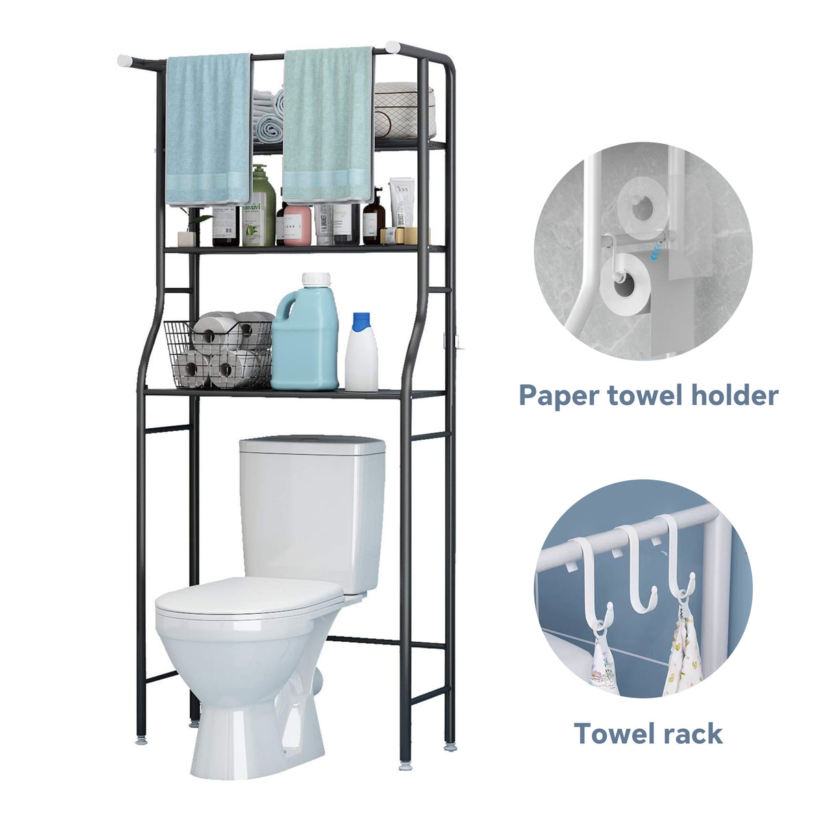 HioHa Over the Toilet Storage, Bathroom Organizers and Storage Shelf with Hanging Rod Paper Holder and 3 Hooks, Freestanding Toilet Rack Space Saver, Black
