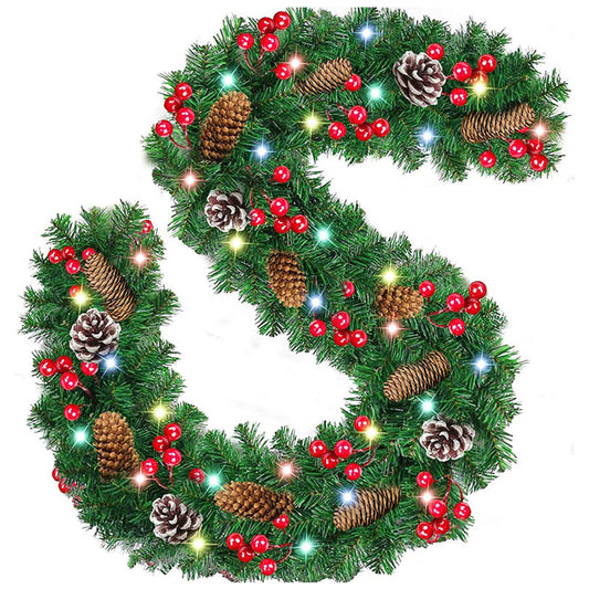 HioHa Christmas Garland 9ft Artificial Pine Garland with Pine Cones Berries for Holiday Indoor Outdoor Decor