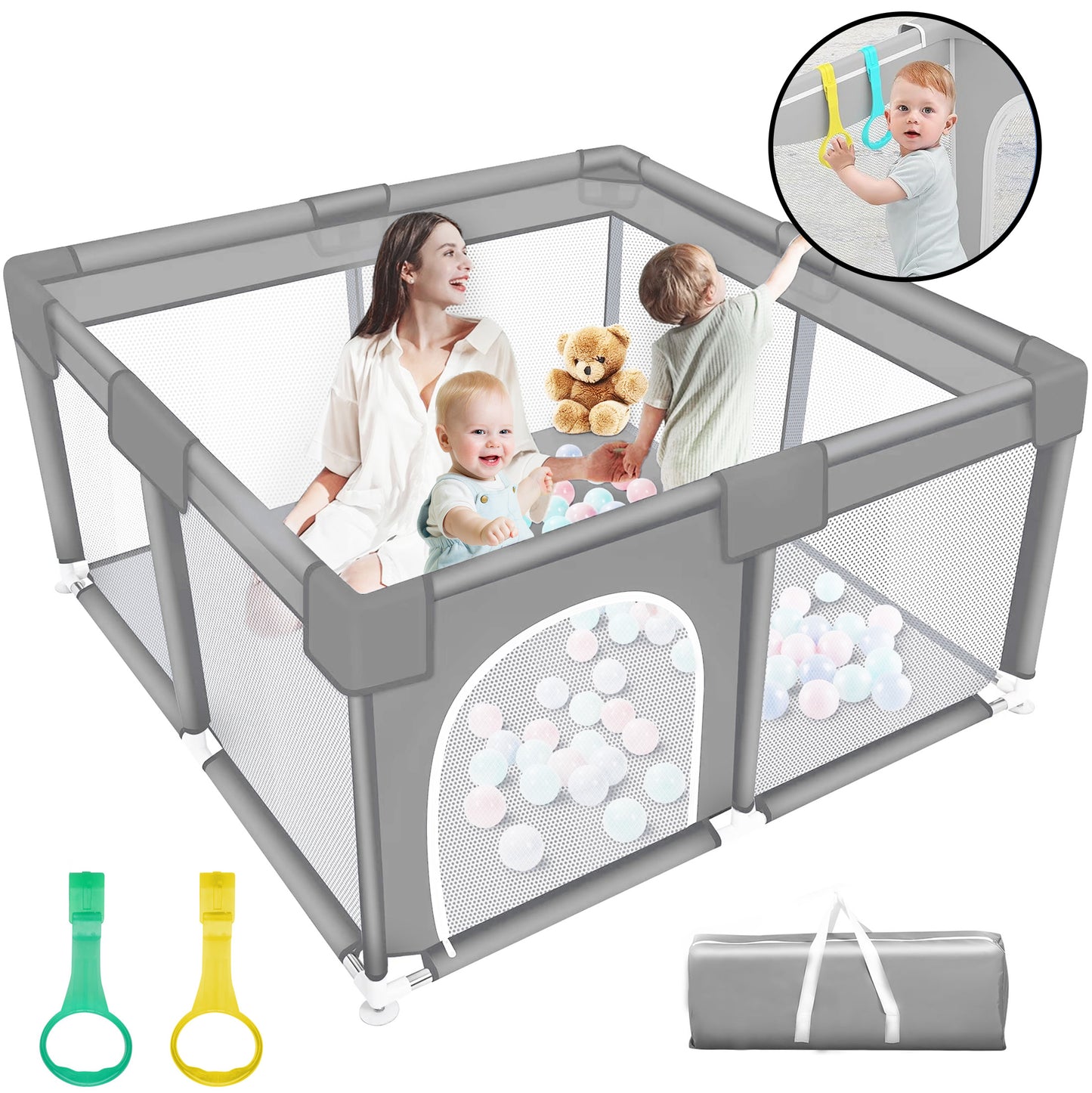 HioHa 52" x 52" Baby Playpen, Portable Play Yard with Sturdy Steel Frame & Breathable Mesh, Indoor Outdoor Baby Play Area