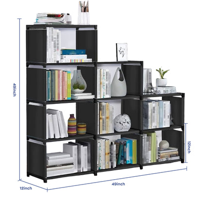Black Portable 12-Cube Bookcase Adjustable Bookshelf Organizer Shelf Unit Folding Storage Shelves Unit Portable Organizer Bookshelf Shelf Rack