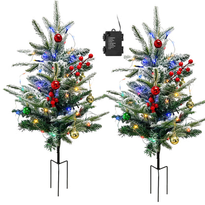 HioHa Solar Christmas Tree, 2 Pack Outdoor Mini Christmas Tree with Red Berries, Waterproof Light Up Xmas Tree Stakes for Yard Garden Lawn Pathway Decor